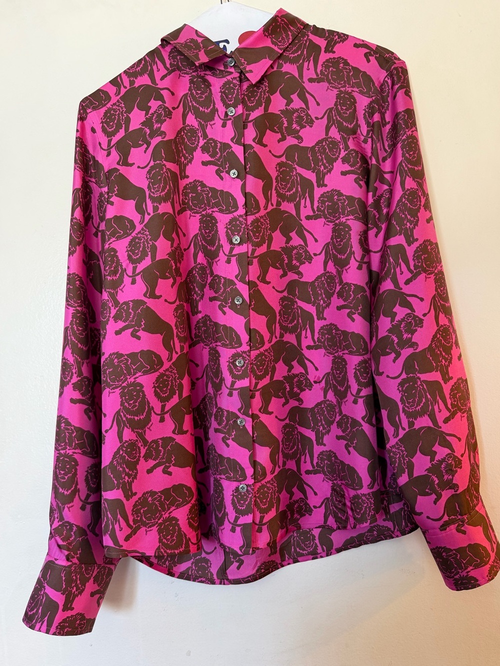 J.Crew Collection 100% Silk Pink Lion Print Button Down Blouse Size 14